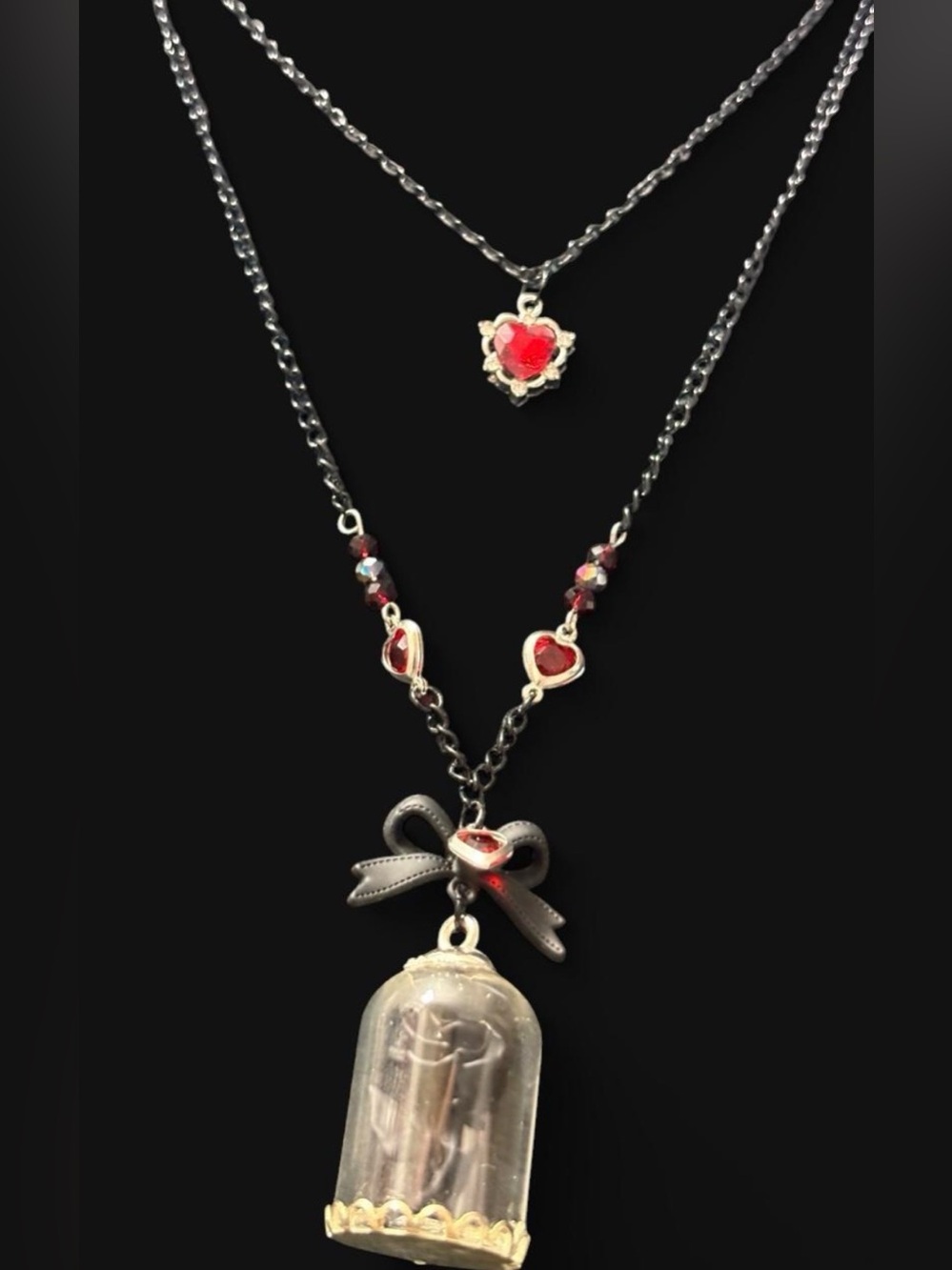 Elegant Black Bow, heart and black rose in glass cloche Pendant Necklace